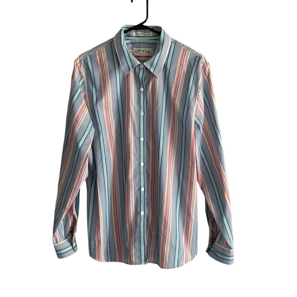 Orvis Womens Button Front Shirt Plus Sz 18 Pastel Multicolor Stripe Long Sleeve